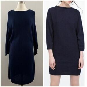 Zara Knit Sweater Dress Small Navy Midi Cotton Minimalist Lagenlook Monochrome